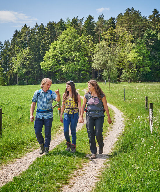 Ein Mann und zwei Frauen wandern vor einem Wald auf einem Schotterweg.