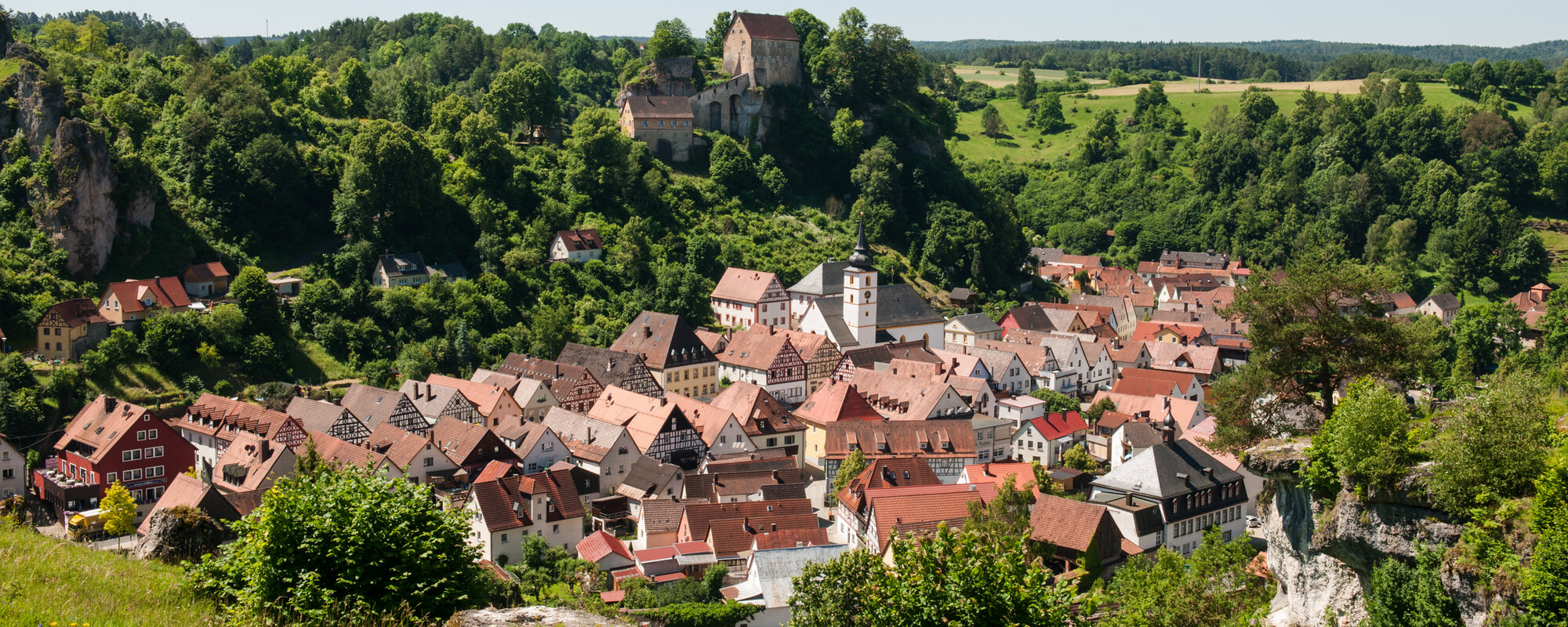 In einer mit Wiesen und Wäldern eingebetteten Tallandschaft stehen Fachwerkhäuser mit roten Ziegeldächern. Oberhalb der Häuser thront die Burg auf einem Felsen.