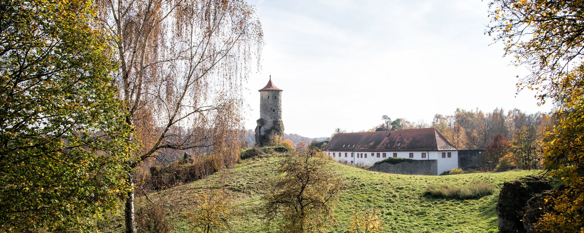 Im Hintergrund ist ein Trum und ein altes, längliches Gebäude. Im Vordergrund ist eine Wiese und zwei Bäume mit bunten Blättern.